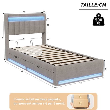 Eifson – Lit coffre 90x200 cm – Éclairage LED orientable – Chargement USB – Tête de lit rabattable avec rangement – Velours – Rangement hydraulique