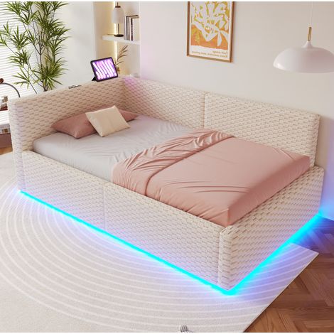 Cama dormitorio tapizada con LED y almacenaje beige HAVRYA (1/5)