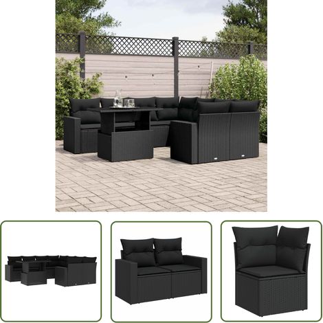 The Living Store Salon de jardin 9 pcs avec coussins noir résine tressée - Ensemble Salon De Jardin - Meuble Extérieur - Salon De Jardin Pliable - Table Extensible - Chaise Lounge (1/5)