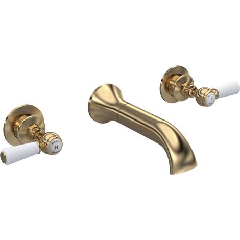 Hudson Reed Topaz 3 Hole Dual Lever Wall Mounted Bath Filler Tap - Brushed Brass