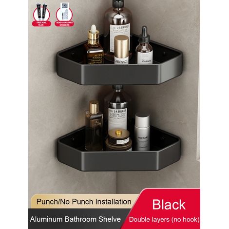 (2 Noirs) Étagère de salle de bain sans perçage, étagère d'angle en aluminium, panier triangulaire mural, organisateur de rangement pour salle de douche FR2006 (1/5)