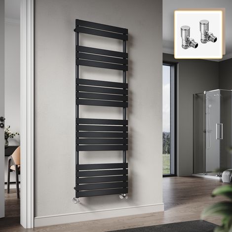 Elegant 1800 x 600mm Heated Towel Rail Black Radiator, Flat Panel Design Tower Hanger, Wall Mounted Ladder + Angled Radiator Valves (1/5)