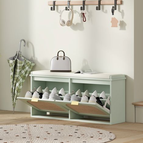 Panca porta scarpe, panca contenitore, seduta imbottita, cassetti a scomparsa, anta in rattan, 104 x 26 x 47,5 cm, verde