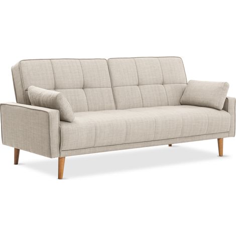 EVERGREENWEB - Divano letto clic clac in tessuto imbottito capitonné BEIGE - Divano 3 posti con piedi in legno e schienale reclinabile - Materasso una piazza e mezza + 2 cuscini in omaggio | AMELIE (1/4)