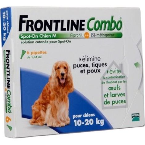 6 Pipettes Frontline Combo pour les chiens moyens (10-20 kg) Anti-puces et Tick Fipronil 1.34 ml
