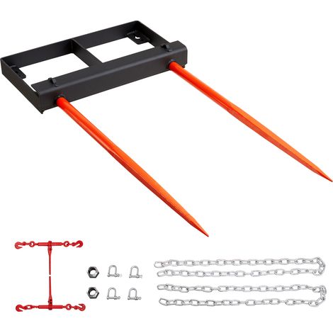 VEVOR 49" Hay Spear, Bale Spears 3000lbs Loading Capacity, Skid Steer Loader Tractor Bucket Attachment with 2pcs 17.5" Stabilizer Spears and 60" Chain, Quick Attach Spike Forks (1/5)