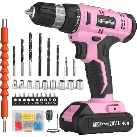 20 V Cordless Drill Bit Driver Max 30 Nm, 2000 mAh Battery, 21 + 1 Torque Settings, Set of 60 Pieces, 2 Speed, Drill and Driver for Home Work, Pink (1/5)