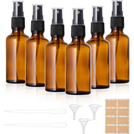 Flacon Spray Vide Verre 50ml, Lot de 6 flacons pulvérisateurs vides bouteilles en verre marron Kit avec entonnoir, pipettes et étiquettes pour Parfum,Huiles Essentielles (1/5)