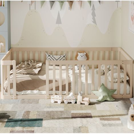 Lit enfant en pin massif crème 90x200 cm avec barrières semi-fermées et sommier à lattes (1/5)