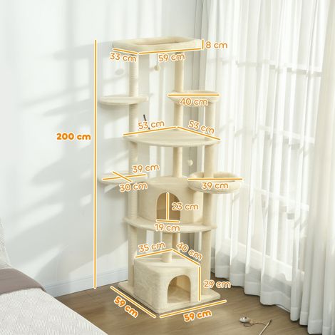 Arbre à chat 2 mètres pour 2-3 félins, griffoirs en sisal, niches, hamac, cachettes, tour à étages, bois et peluche, beige. (1/5)