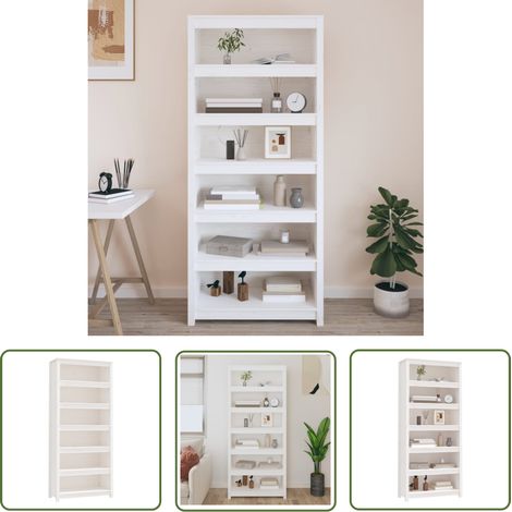 The Living Store Bibliothèque Blanc 80x35x183 cm Bois de pin massif - Bibliothèque Blanche - Bibliothèque Bois - Étagère Bois - Meuble Rangement - Armoire À Livres (1/5)