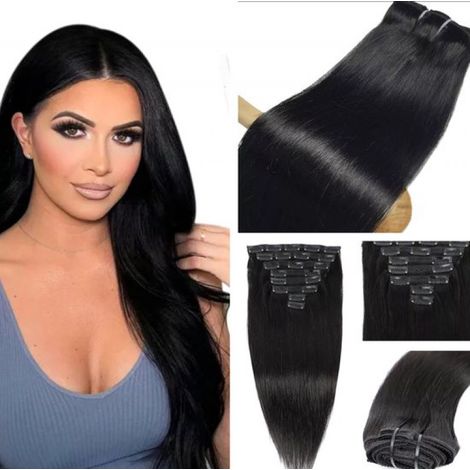 35 cm (14 Zoll) Clip-in-Extensions – 100 % Remy-Echthaar – Farbe 1B Naturschwarz – 87 g – 7 Teile – Glattes Haar – Natürliches Volumen und Länge (1/5)