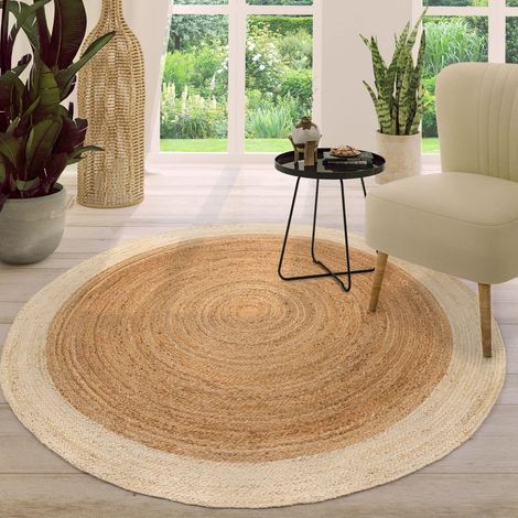 1 tapis rond en jute, style bohème, fait main, bordure moderne, couleur ivoire, 80 cm de diamètre, pour salon chambre couloir