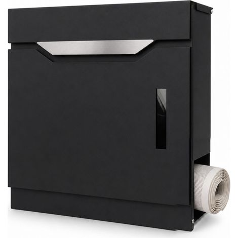 Relaxdays Briefkasten mit Zeitungsfach, HxBxT: 38 x 37 x 11,5 cm, Sichtfenster, 4 Schlüssel, Postkasten, schwarz-silber (1/5)