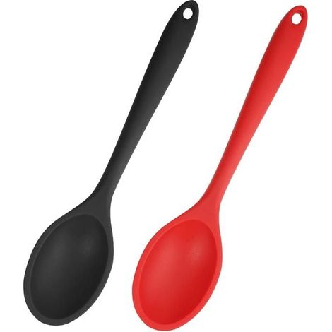 Lot de 2 cuillères de cuisine en silicone à long manche (27,5 cm), cuillères à mélanger en silicone, cuillères de service (1/5)