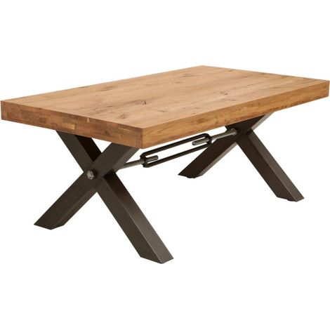 Table basse CAVARA 110 cm en bois massif de chêne huilé avec pieds métal noir en X – style industriel