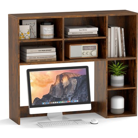COSTWAY Desktop Bookshelf Desk Hutch with 3 Adjustable Shelves-Brown (1/5)