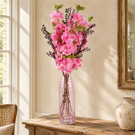100cm Pink Artificial Blossom and Berries Glass Vase Premium (1/5)