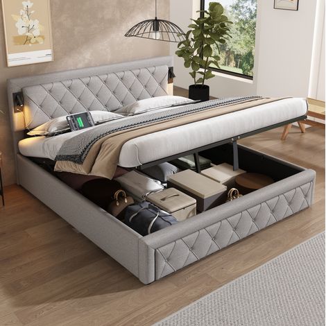 Cama arca 180x200 cm - Cama doble - Con cabecero con LED, USB - En tela - Gris (1/5)