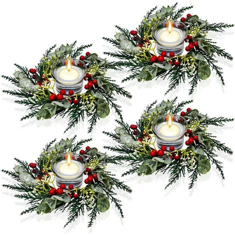 anelli per candele natalizie, ghirlanda artificiale di bacche rosse da 20 cm con aghi di pino innevati, ideale per candele a colonna, centrotavola, ingresso e decorazioni per la tavola di Natale.