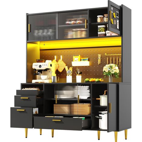 CHICFURN Credenza alta 140x40x180 cm nera in MDF e metallo con LED, ante vetrate e vani (1/5)