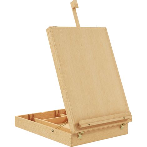 Caballete de sobremesa plegable regulable con asa y compartimentos de madera de haya (1/4)