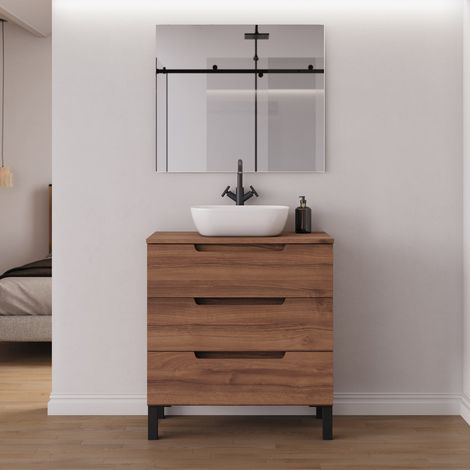 Meuble de salle de bain 60cm avec plateau et vasque à poser arrondie - 3 tiroirs - noyer (bois foncé) - RIZA (1/5)