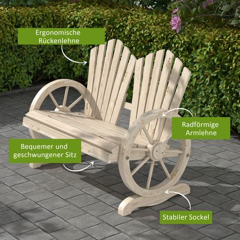 Banc de jardin en bois naturel pour 2 personnes, motif roue de charrette, assise extérieure. (1/4)