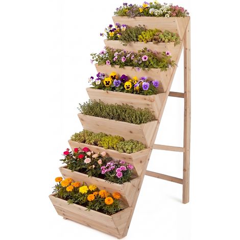 Jardiniere sur Pieds à 8 Niveaux, Potager Surélevé en Bois avec 8 Plates-Bandes en Forme de V et Structure Triangulaire Solide, Bac Jardinage, Naturel (1/5)