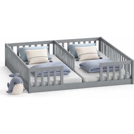 Lit enfant 90x200 avec barrière de sécurité, double couchage au sol pour 2 enfants, pin et MDF, gris, sans sommier ni matelas  CHICFURN (1/5)