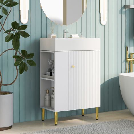 Juego de tocador de baño blanco de 21.6 pulgadas con compartimento lateral izquierdo y lavabo de cerámica (1/4)