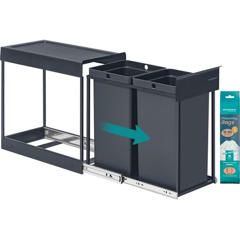 Poubelle de Tri Sélectif, Poubelle de Cuisine Extractible Coulissante, 2 Seaux de 15 L, Coulissement en Douceur, Structure en Acier, Couvercle en ABS, Gris LTB950GZ01 (1/5)