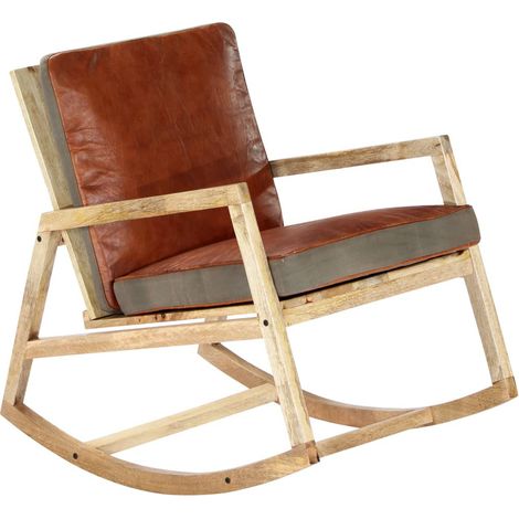 Chaise à bascule Marron Cuir véritable et manguier massif (1/5)