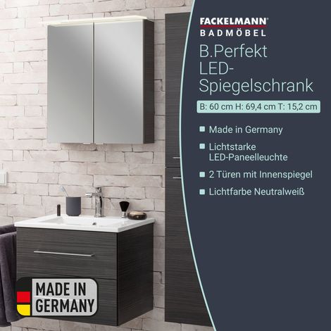 FACKELMANN LED Spiegelschrank B.PERFEKT / Badschrank mit Soft-Close-System / Maße (B x H x T): ca. 60 x 69 x 15 cm / hochwertiger Schrank mit Spiegel und Beleuchtung fürs Bad/ Korpus: Schwarz"-"84105 (1/4)