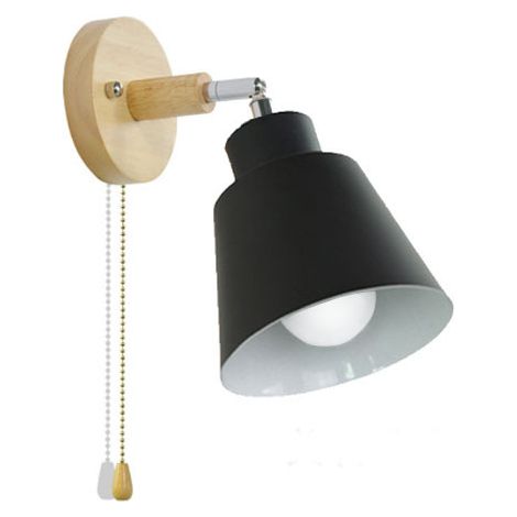 Wandleuchte mit Macaron-Fassung und E27-Schalter – verstellbare Nachttischlampe aus Holz für Wohnzimmer und Schlafzimmer – 36 V (schwarz)