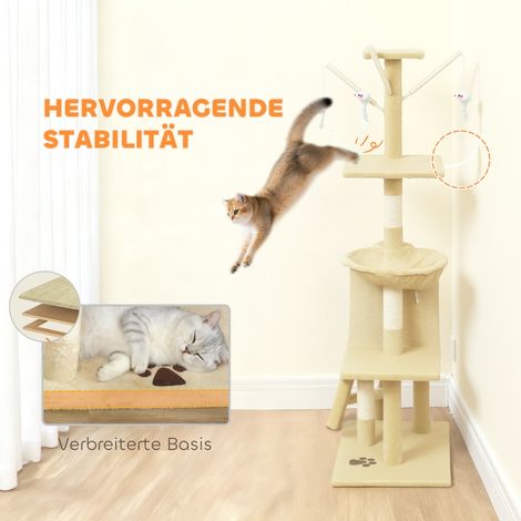 Arbre à chat pour chat avec cachette, 4 jouets, poteaux en sisal, grande plateforme, échelle, idéal petit chat jusqu'à 5 kg, beige (1/5)