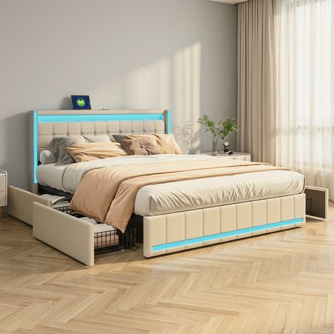 Polsterbett 180x200 cm, Doppelbett mit LED-Beleuchtung und USB-Ladestation, Modernes Stauraumbett mit 4 Schubladen, Bettgestell mit Kopfteil und Lattenrost, Leinen Beige, Ohne Matratze