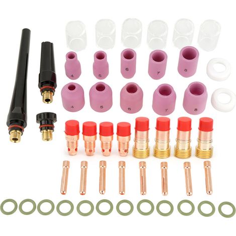 Kit de accesorios para antorcha de soldadura TIG – 49 piezas: lentes de gas, boquillas de alúmina, copas de cerámica, abrazaderas de alta resistencia.