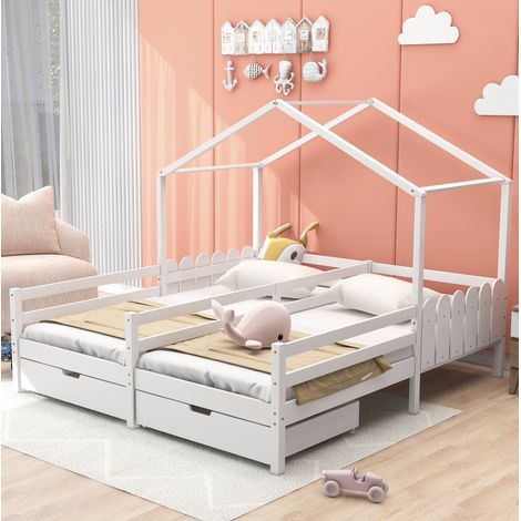 Letto a casetta doppio per bambini con recinzione, 2 cassetti, legno massello bianco, 200x90 cm (1/5)