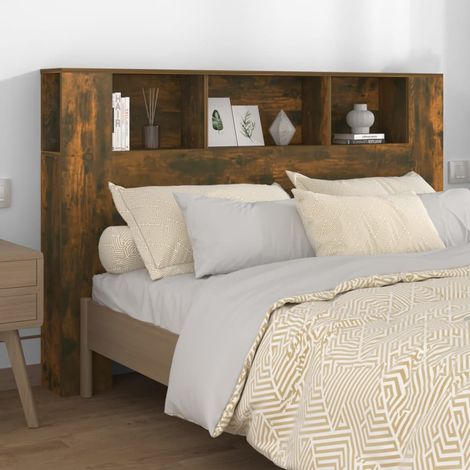 Armoire de tête de lit, Tête de lit avec rangement, Armoire de rangement pour chambre Chêne fumé 160x18,5x104,5 cm CDE54098 (1/5)