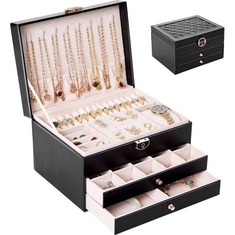 Boîte à bijoux - Coffret à bijoux - Organisateur de bijoux - avec trois tiroirs - Coffret à bijoux en similicuir - Noir - 23 x 17 x 13,5 cm (1/5)