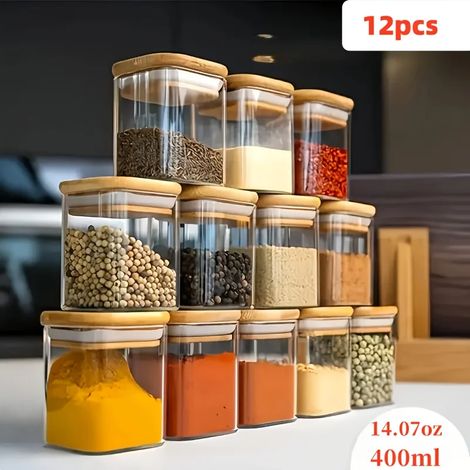 (450 ml - 12 bouteilles) Bocaux carrés en verre hermétiques, rangement et organisation de la cuisine, bocaux de conservation avec couvercles en bambou (1/3)
