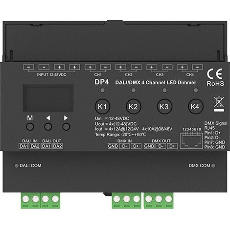 DALI-DMX DP4 Constant Voltage Controller, 4 Channels, 12-48 V DC, DIM/CCT/RGB/RGBW, 12 A