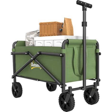 Outsunny 41L Festival Trolley on Wheels, Compact Garden Folding Trolley Cart, 60kg Heavy Duty Collapsible Foldable Wagon with Adjustable Handle and Carrying Bag for Beach, Camping, Festival, Green