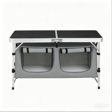 Table de camping pliante avec sac de rangement suspendu et pieds réglables en aluminium et MDF (1/5)