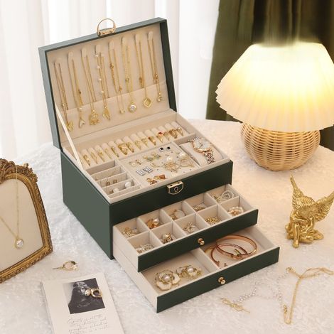 Boîte à bijoux verte à trois tiroirs à motif losanges (1/5)