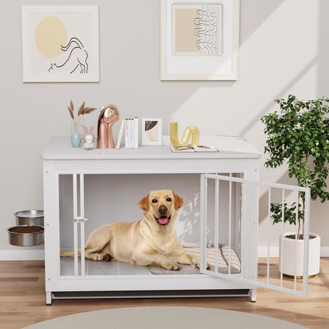 Gabbia per cani da interno, 93x64x58 cm, trasportino, cuccia, trasportino con 2 ciotole e porte, fino a 40 kg, in legno (bianco)