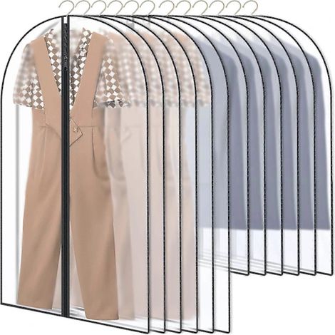 Lot de 10 housses à vêtements, 60 x 120/100 cm, bordure noire, housse transparente pour costume, robe de soirée, robe de mariée (1/2)