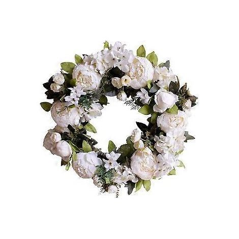 Couronne de pivoines et d'hortensias en soie, élégante décoration florale pour porte d'entrée, fleurs en tissu de soie blanc réalistes, faite main pour une utilisation intérieure et extérieure toute l (1/3)