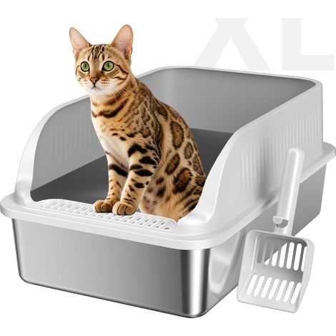 Litière pour chat en acier inoxydable, très grande taille XL, sans odeur, avec couvercle haut, bac à litière ouvert sur le dessus, pelle facile à nettoyer, anti-rayures, anti-fuites d'urine, non (1/5)
